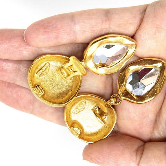 Vintage Ben-Amun Gold Tone Metal Blue Green Faceted Stone Clip On Earrings 2“ - Picture 5 of 9